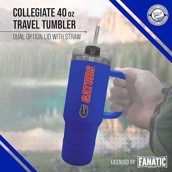 Campus Colors College & University 40 oz Travel Tumbler With Handle - Dual Option Lid With Straw - Vacuum Insulated Stainless Steel (Florida Gators - Royal)