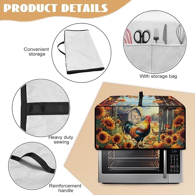 Toaster Oven Dust Cover Dustproof Smart Oven Air Fryer Microwave Cover with Pockets, Electric Appliance Protector Fall Home Decor, S, Chicken Rooster Sunflower Pumpkin Butterfly