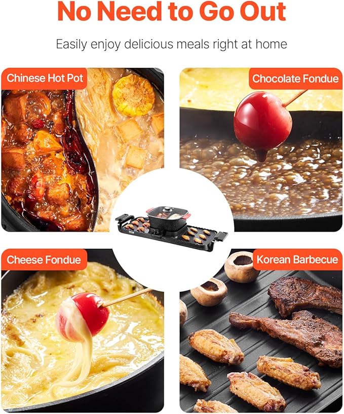 VEVOR Hot Pot with Grill, 2300W 2-in-1 Electric Smokeless Grill and Hot Pot, Removable Shabu-shabu Hotpot with Non-stick Pan, Separate Dual Temperature Control, Indoor Korean BBQ for 1-6 People