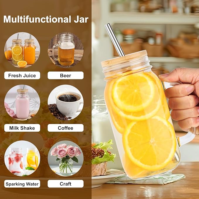 24 oz Mason Jar Cups with Handles, Wide Mouth Iced Coffee Cup with Bamboo Lids & Straws, Large Glass Bottle Mug Drinking Jars Tumbler for Smoothie Cold Water Juice Party Beverages, Set of 4