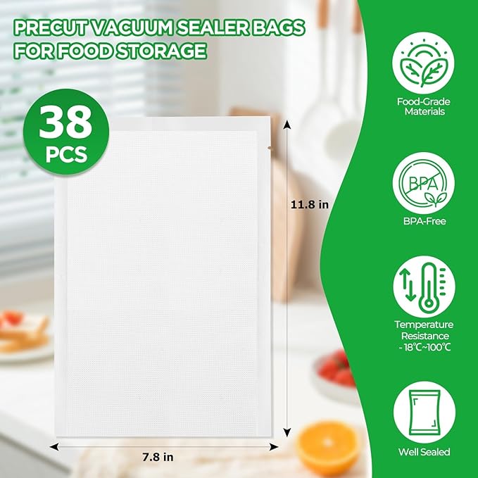 Vacuum Sealer Bags,38 PCS 7.8"×11.8" Textured Vacuum Sealing Bags,Commercial Grade, BPA Free, Heavy Duty,Great for Food Storage Meal Prep or Sous Vide Cooking