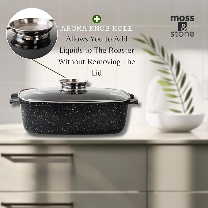 Moss & Stone 6 Quart Oval Roaster Pot with Lid, 12"x8.3" Die Cast Aluminum Chicken Roaster, Induction, Gas & Ceramic Cooktop Compatible, Hard Anodized Nonstick Roasting Pan With Lid, Oven Safe