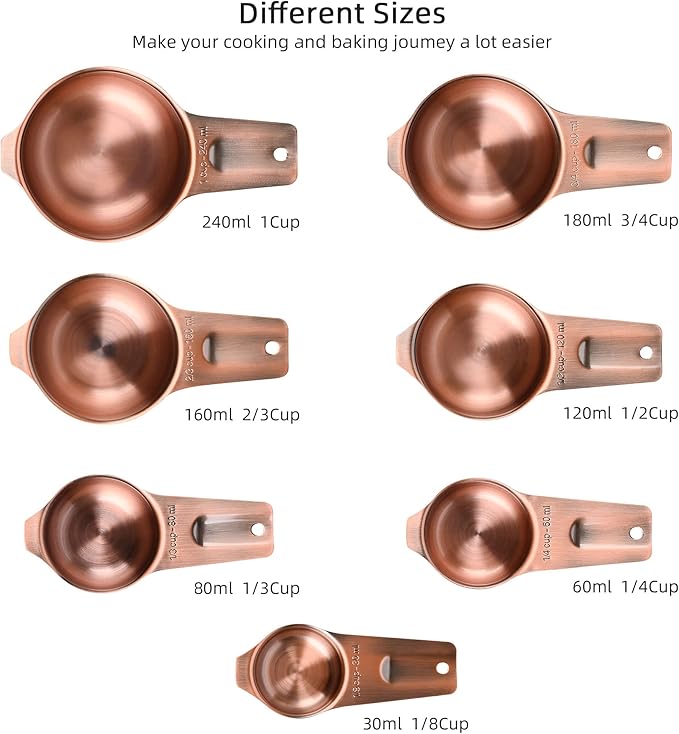 Copper Measuring Cups and Spoons Set 17, Stainless Steel Measuring Cups and Spoons for Dry & Liquid, Metal 7 Measure Cup and 9 Measure Spoon with 1 Leveler for Kitchen & Baking