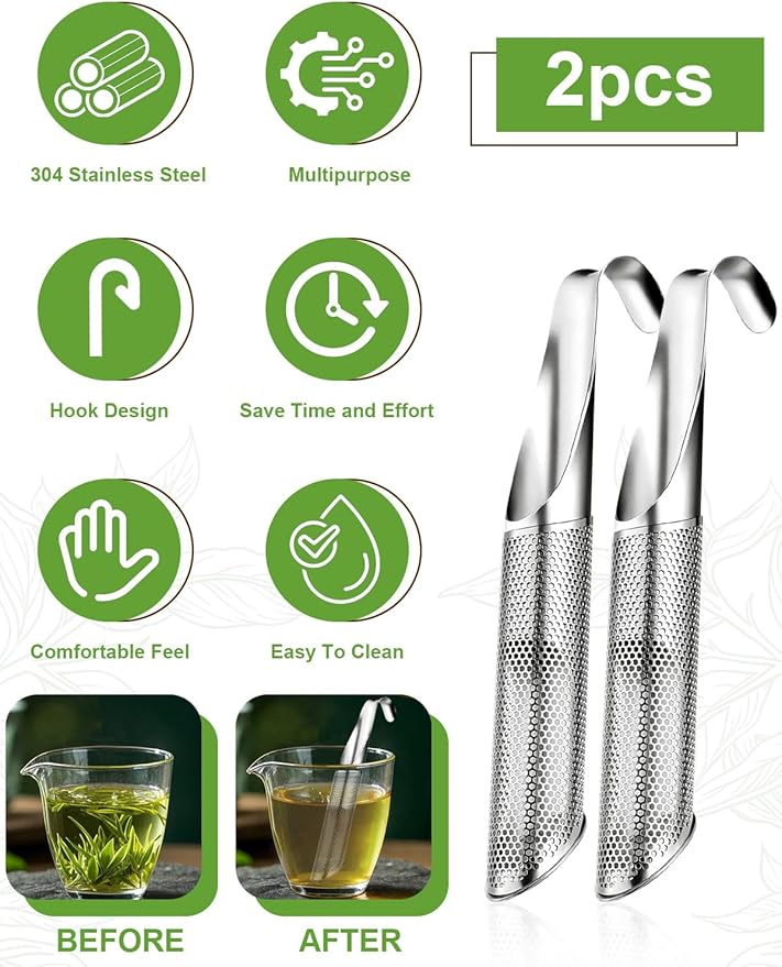 7 Pcs Reusable Stainless Steel Tea Infuser Set for Loose Tea(Complete Set） - 2 Pack Fine Mesh Tea Infuser with Tea Tray(Hook),Serving Tongs, Tea Spoon,Steel Wire Dishcloth,Cleaning Brush