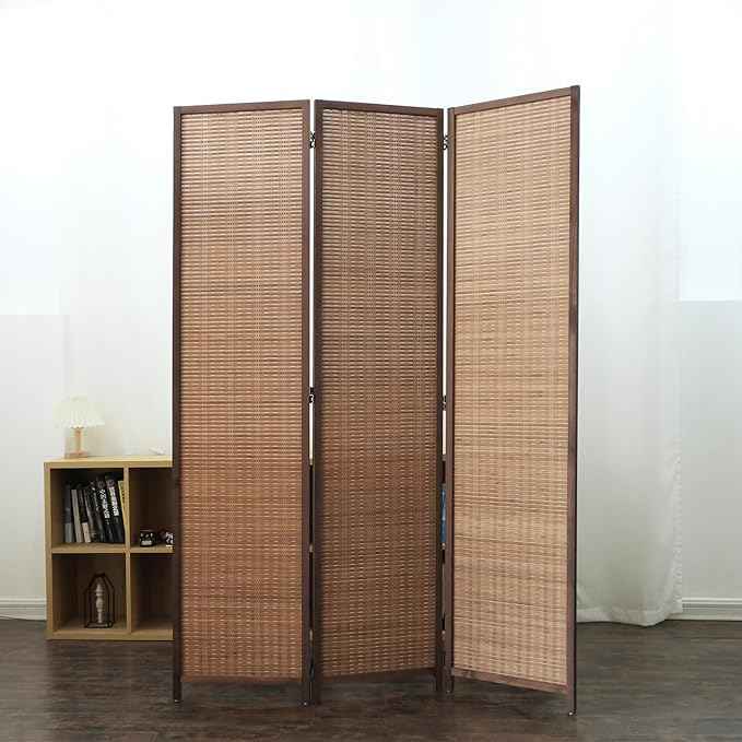 3 Panel Bamboo Room Divider and Folding Panel Screen,Bamboo Panel Divider for Room Separation,Brown,67" H x 46" W