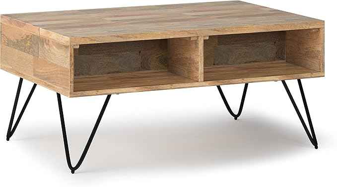 SIMPLIHOME Hunter Small Lift Top Coffee Table - 36 inch Wide Solid Mango Wood and Metal Industrial Cocktail Table in Natural, Living Room Table with Hidden Storage, 2 Cubbies, and Hairpin Legs