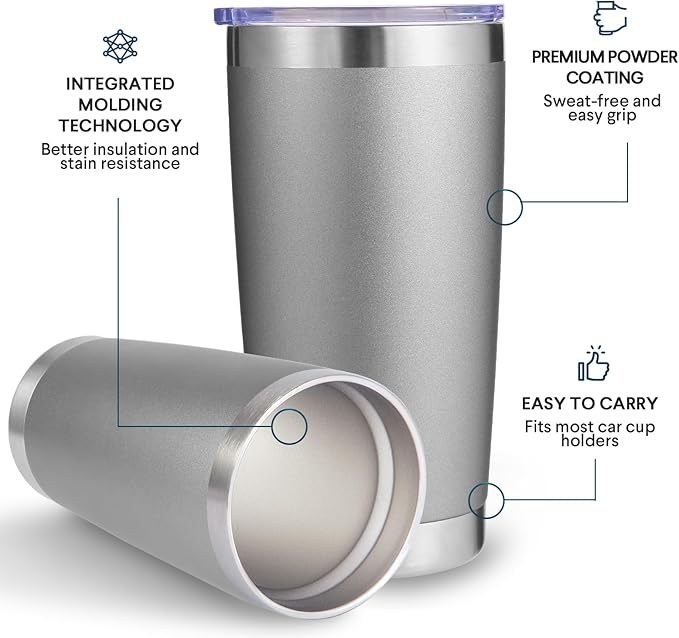 Volhoply 20oz Stainless Steel Tumbler with Lid and Straw,Double Wall Insulated Travel Iced Coffee Mug Fits Car Cup holder,Powder Coated Cups for Hot and Cold Drinks,Gifts for Women Men（Gray,1 Set）