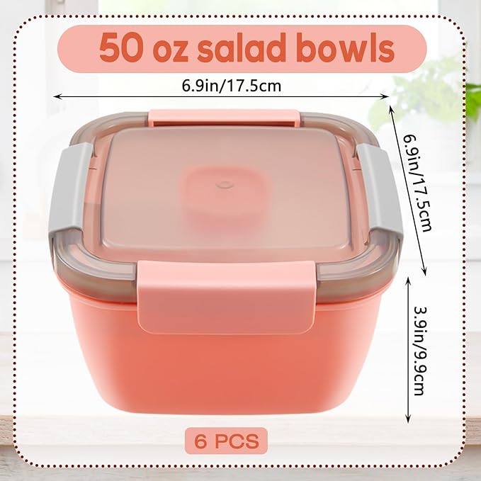 Tessco for you 6 Pcs Salad Lunch Container 50 oz Salad Container with 3 Compartment Reusable Bento Box for Adults Stackable Lunch Bowl for Meal Snack Fruit(Pink)