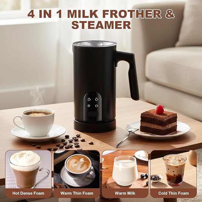 Electric Milk Frother Automatic Hot & Cold Foam Maker Auto Shut-Off Durable Stainless Steel Milk Frother with 4 Functions Enjoy Perfect Milk Froth in 2 Min for Coffee, Latte, Macchiato (Black)
