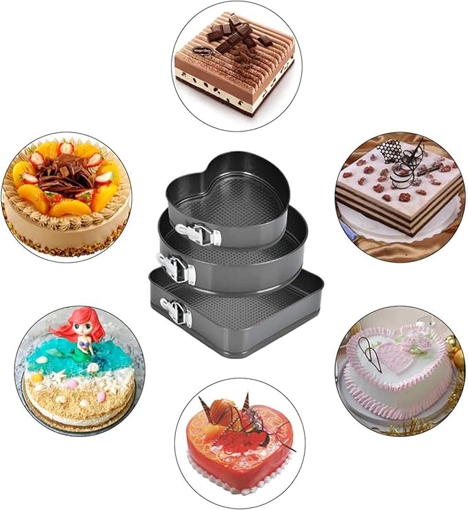 Springform Cake Pan Set of 3 (7, 8, 9 Inch) Heart Round Square Leakproof Nonstick Cheesecake Pans with Removable Bottom Carbon Steel Bakeware