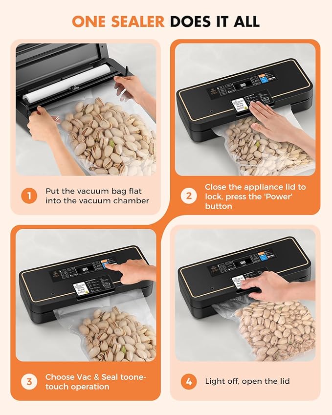 Vacuum Sealer for Food, 95kPa Food Saver Vacuum Sealer Machine, 135W Fast-Sealing with Easy Tear Cutter, Built-in Bag Storage