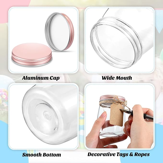 Nitial 50 Pack 5 oz Plastic Jars with Lids Bulk Yogurt Containers with Lids Gift Jars with DIY Craft Twine and Labels Gifts for Birthday Wedding Halloween Christmas Party Favor(Rose Gold,Aluminum Lid)