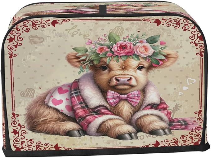 Valentine Day Highland Cow Toaster Cover 2 Slice Dust and Fingerprint Protection Toaster Bread Maker Covers Washable Kitchen Small Appliance Covers for Kitchen Accessories Decor Bakeware Women Gift