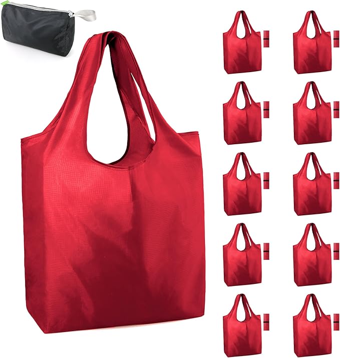 BeeGreen Christmas Red Reusable Grocery Bags Shopping Bags Bulk 10 Packs 50LBS X-Large Foldable-Machine Washable-Heavy Duty