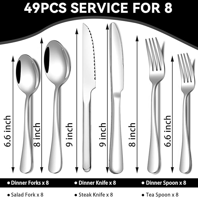 49-Piece Stainless Steel Silverware Set with Cutlery Organizer, Service for 8 with Steak Knives and Kitchen Utensils
