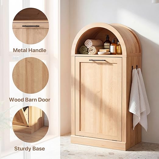 Arched Tilt-Out Trash Can Cabinet Set of 2,Laundry Hamper Cabinet with Foldable Laundry Basket,Wooden Hidden Garbage Can Cabinets with Metal Handle & Hooks,Natural