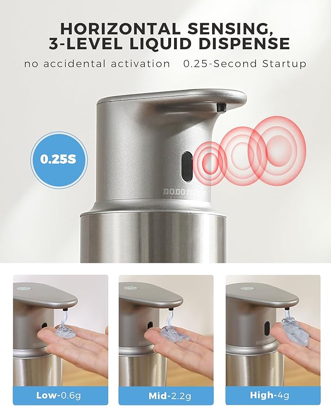 Automatic Liquid Soap Dispenser Touchless, 304 Stainless Steel Bottle Body &16.2oz/480ml Rechargeable, 3 Adjustable Liquid Levels, IPX7 Waterproof, for Kitchen Bathroom, Stainless Steel