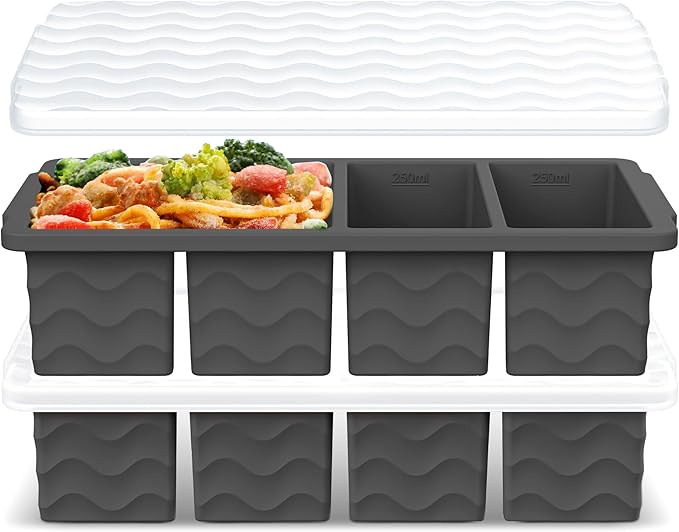 Doasuwish Silicone Freezer Tray for Soup with Lid – 1-Cup Soup Container Style Ice Cube Trays for Freezer, Meal Prep & Food Storage, Freeze 250mL/125mL Portions – 2 Pack