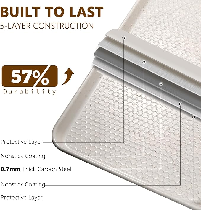 Wildone 2 Pack Half Sheet Baking Pans, Honeycomb Embossed Nonstick Baking Sheet 17.5x12 In, Thicker Carbon Steel Cookie Sheet, Even Heating & Warp Resistant, White