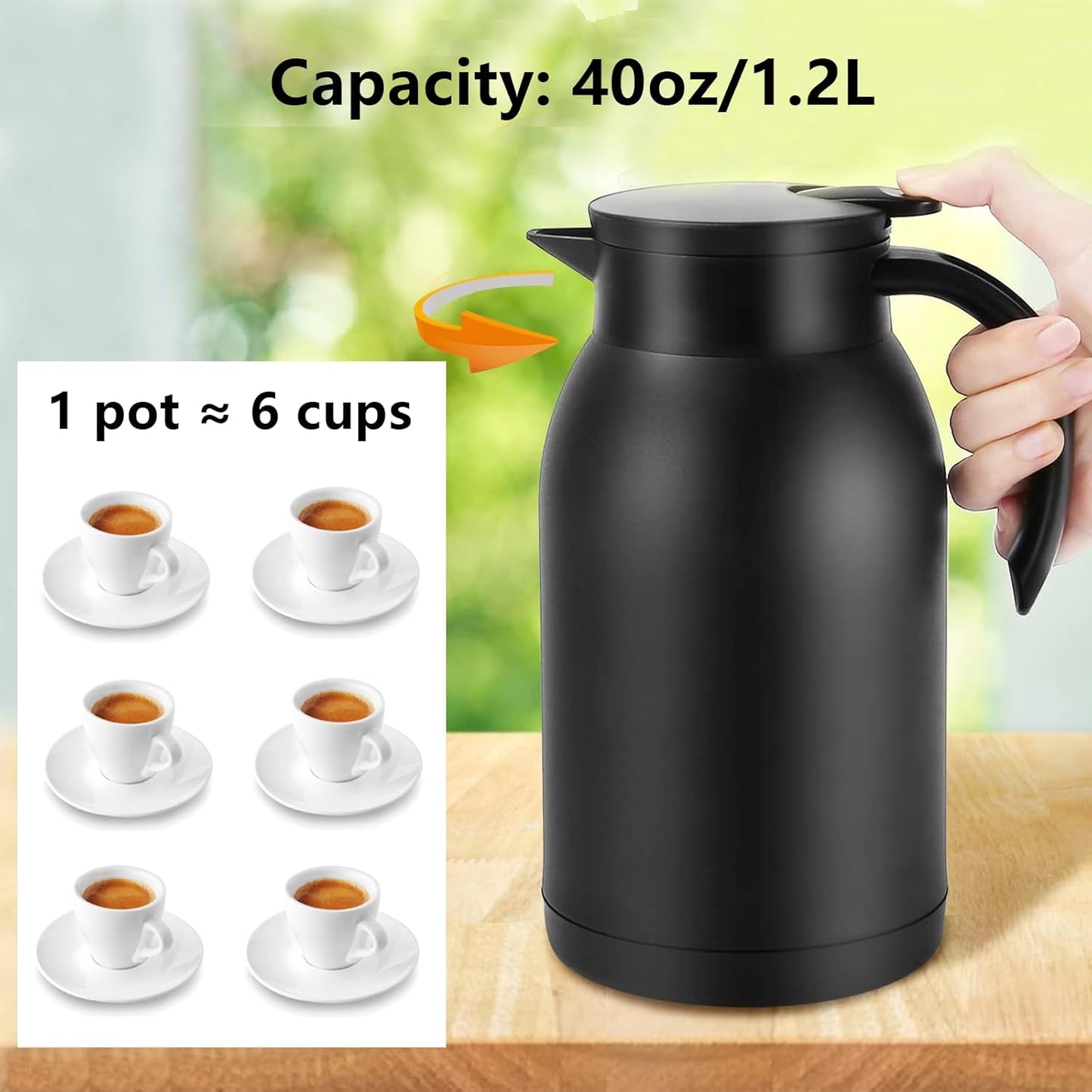 Stainless Steel Thermal Coffee Carafe Dispenser, 40oz Unbreakable Double Wall Vacuum Flask 1.2L Water Tea Pot Beverage Pitcher for Hot Coffee for Christmas Carafe(Black)