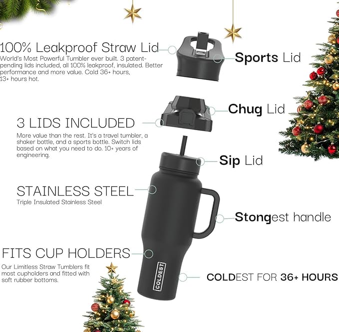 Coldest Tumbler with Handle and Straw - 100% Leak Proof Insulated Tumbler with Lid and Straw (3 Lids) - Stainless Steel Tumblers for Women & Men - Cup Holder Friendly Base, 36 oz (Purple Oasis)