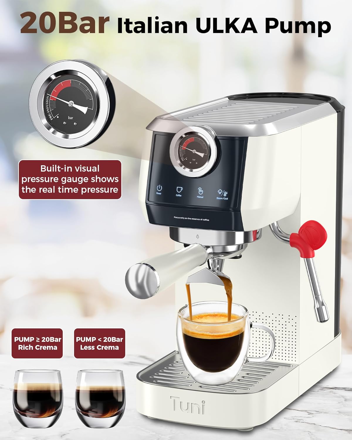Tuni E2 58mm Espresso Machine with Bottomless Portalfilter Combo Set, 58mm Stainless Steel Bottomless Portalfilter, Dual Boiler System Espresso Maker