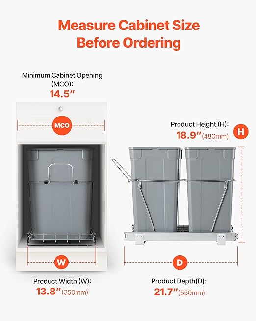 VEVOR Pullout Trash Can for Kitchen Cabinets, 35 QT x2 Double Under Sink Garbage Waste Recycling Bin, Under Mount Waste Container, with Heavy Duty Metal Full Extension Sliding System and Handle Grey