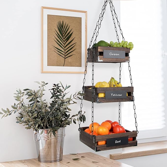 J JACKCUBE DESIGN 3-Tier Rustic Wood Hanging Fruit Basket, Kitchen Fruit, Vegetable Storage Organizer, Countertop Space Saver- Heavy Duty Metal Hooks- MK1008A