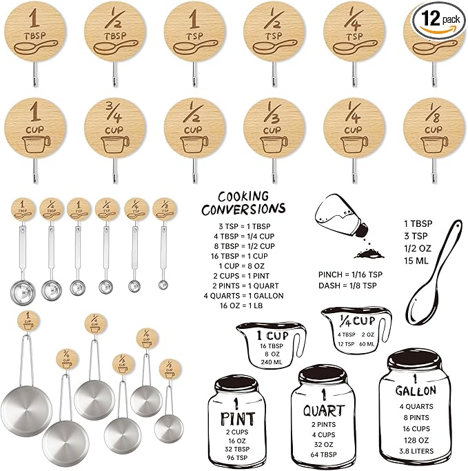 Measuring Cup and Spoon Organizer, 12 Pack Adhesive Wood Hooks for Hanging with 6 Kitchen Conversion Chart Stickers, Kitchen Hooks for Space Saving Storage