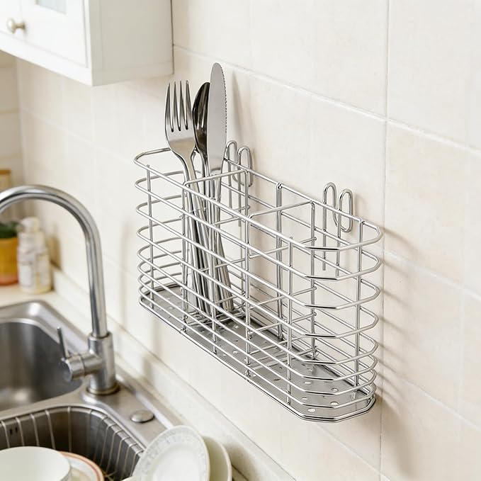 3-Compartment 304 Stainless Steel Utensil Holder | Hook Design Silverware Drying Rack | Drainage Basket for Kitchen Tableware Storage with Three Dishwashing Sponges and a Dishcloth