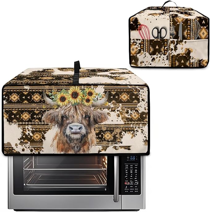 Convection Toaster Oven Cover with Pockets, Easy to Clean, Smart Microwave Baking Oven Dust Cover for Countertop, S, Aztec Highland Cow Sunflower Tribal Pattern
