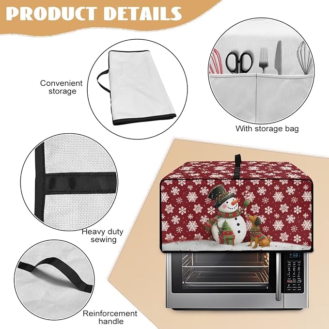 Toaster Oven Dust Cover with Storage Pockets, Protective Decorative Smart Oven Cover for for Kitchen Countertop, M, Snowman Dachshund Dog Snowflake Red Christmas Decor