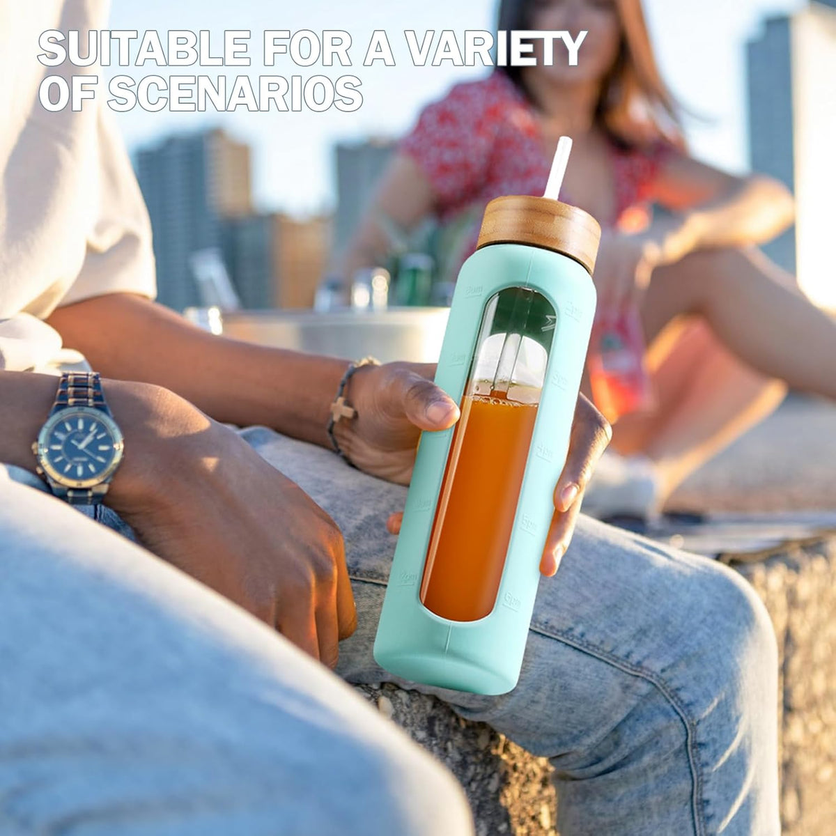 32oz Glass Water Bottle with Straw and 2 Lids- Bamboo Straw and Spout Lid with Phone Holder for Gym, Glass Drinking Bottles with Silicone Sleeve and Motivational Time Marker, Mint Green