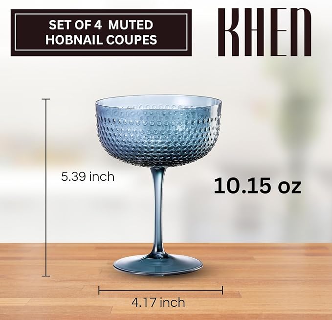 Khen Muted Hobnail Coupes Vintage Textured Pastel Style Cocktail Martini Champagne Saucer Retro Colored Glass Goblets |Set of 4 | 10.15oz Durable Glassware Decorative Barware Classic Party Drink