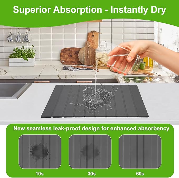 Stone Drying Mat for Kitchen Counter, Large Dark Gray Foldable Diatomaceous Earth Dish Drying Mat, Quick-Dry Absorbent Bath & Countertop Mat for Dishes Bottles Cups（23.6"x15.4"）