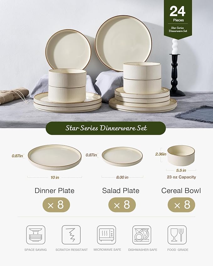Famiware Star 24-Piece Stoneware Dinnerware Sets with Trim, Service for 8 - Ceramic Plates and Bowls Set, Ribbed Dishes with High Edge, Chip & Scratch Resistant, Microwave & Dishwasher Safe, Cream