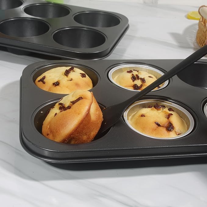 Non-Stick Jumbo Muffin Pans, 6-Cup Set of 2 Baking Pans with a Spatula for Extra-large Muffins & Cupcakes