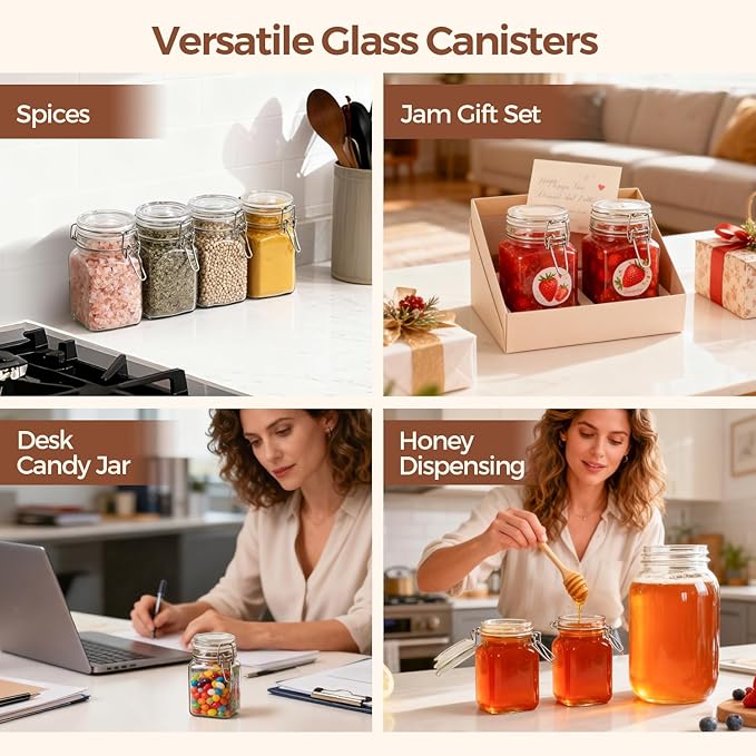 ComSaf Set of 12 Square Glass Jars with Airtight Lids (8 Oz), Pantry Canisters for Spices, Jams, & Herbs, Wire Clamp Jar for Overnight Oats, Pickling, Favors, Includes Labels & Funnel