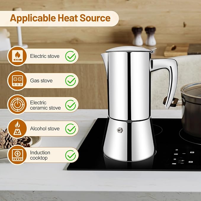 No Coating 4 Cup Thickened 304 Stainless Steel Moka Pot Stovetop Espresso Maker Italian Coffee Machine 200ml 6.8oz Suitable for Gas Induction Stovetop Greca Coffee Maker Percolator