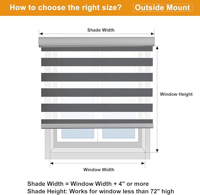 Persilux Cordless Zebra Blinds for Windows Free-Stop Roller Windows Shades (34" W X 64" H, Grey) Dual Layer Light Control for Day and Night, Light Filtering Sheer Shades for Home