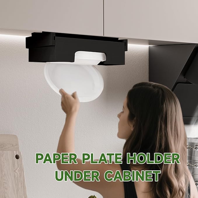 Paper Plate Dispenser Under Cabinet - 9 inch Bamboo Paper Plate Dispenser, Kitchen Counter Vertical Holder Organizer Countertop Caddy Black (9 Inch)