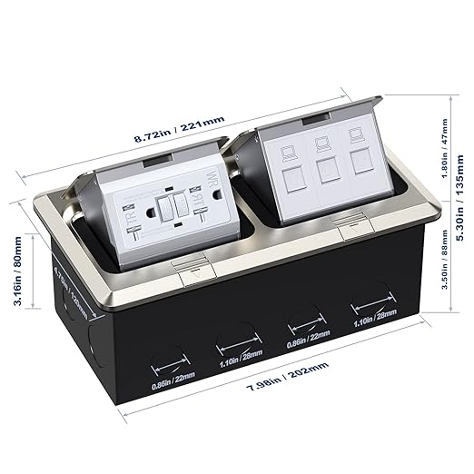 KYHSHJ Dual Pop-Up Floor Electrical Outlet Box Kit，20 Amp Stainless Steel GFCI TR Receptacle Outlet，3-Port RJ45 Datacom Receptacle，Waterproof Gasket with IP44 Waterproof Rating, Stainless Steel Color