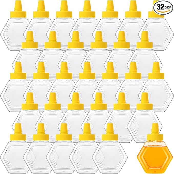 Ziliny 32 Pcs 12 oz Honey Squeeze Bottle Plastic Empty Beehive Bottle Jar with Spout Lid Clear Refillable Honey Containers for Condiment Storing and Dispensing Dispenser, Hexagon Shape