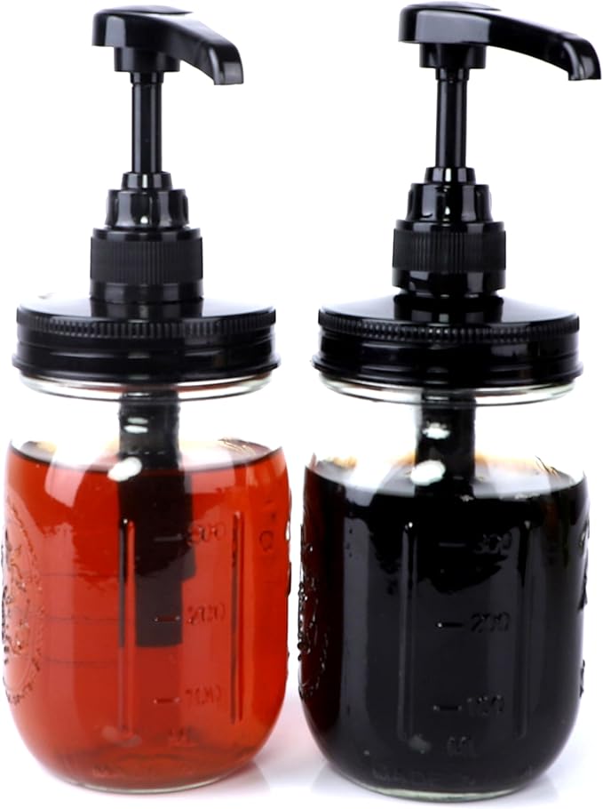 Glass Mason Syrup Sauce Bottle With Dispenser Pump 16 Oz Mason Jar Honey Coffee Syrup Condiment Ketchup Container Food Grade Airtight & Leak-Proof -2 set