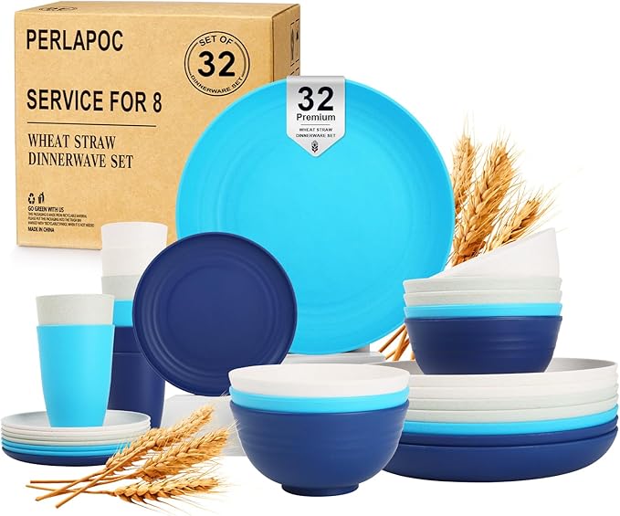 Wheat Straw Dinnerware Sets of 32, Unbreakable Plates and Bowls Sets Service for 8, Dinner Plate/Dessert Plate/Bowl/Cup, for Outdoor Camping RV Apartment Essentials - Island Color