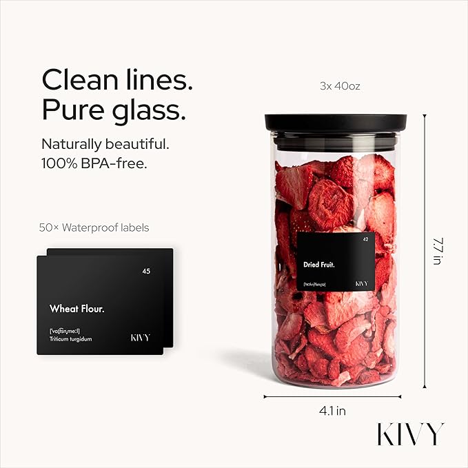 KIVY Airtight Glass Jars with Lids & Labels [3x 40oz] Stackable Glass storage jars with airtight lids - Glass Jars with airtight lid - Food Glass canisters with air tight lids - Pantry containers