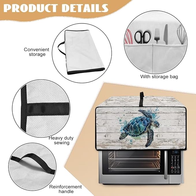Air Fryer Toaster Oven Cover with Side Pockets, Protective Electrical Appliance Cover Kitchen Countertop Accessories and Decor, L, Watercolor Sea Turtle Wood Grain