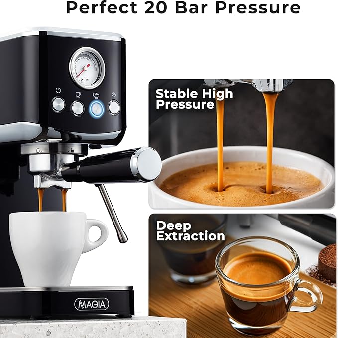 Zulay Kitchen Magia Compact Espresso Machine – 20 Bar Coffee Maker with Milk Frother Steam Wand, Latte & Cappuccino Maker, 1350W Fast Heating, 40oz Removable Water Tank, Stainless Steel – Black