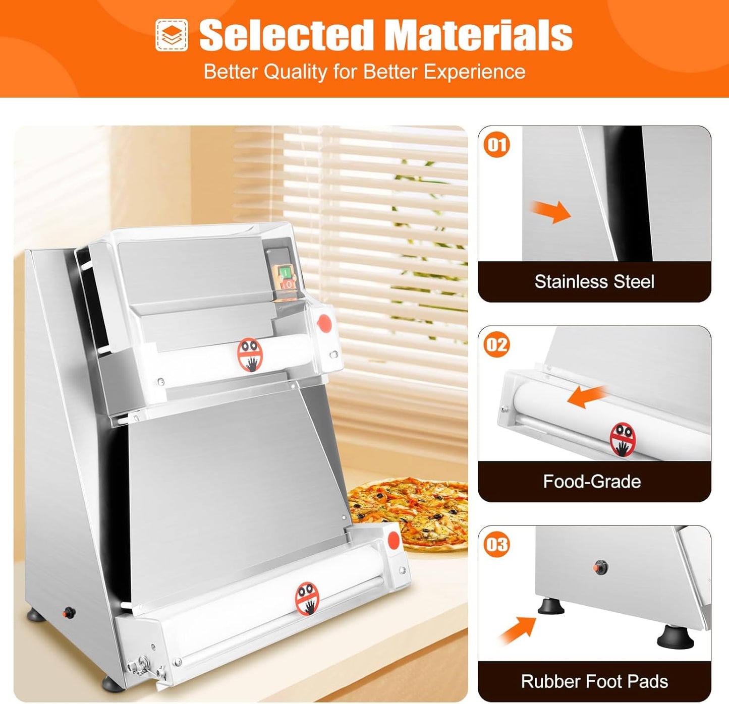 Pizza Dough Roller Sheeter, 4-15.7 Inch Automatic Commercial Pizza Press, 370W Electric Dough Roller, Stainless Steel Thickness Adjustable Dough Machine Pasta Maker - About 5S/Dough