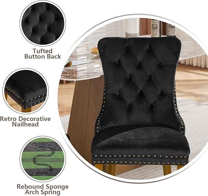Velvet Dining Chairs Set of 4, Modern Tufted Dining Room Chair, Upholstered Dining Chairs with Lion Head Pulls Ring and Golden Solid Wood Legs, Luxury Kitchen Chairs for Dining Room, Black